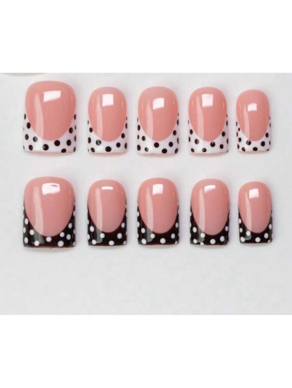 Extra short square Press on nails white French tips black polka dots design